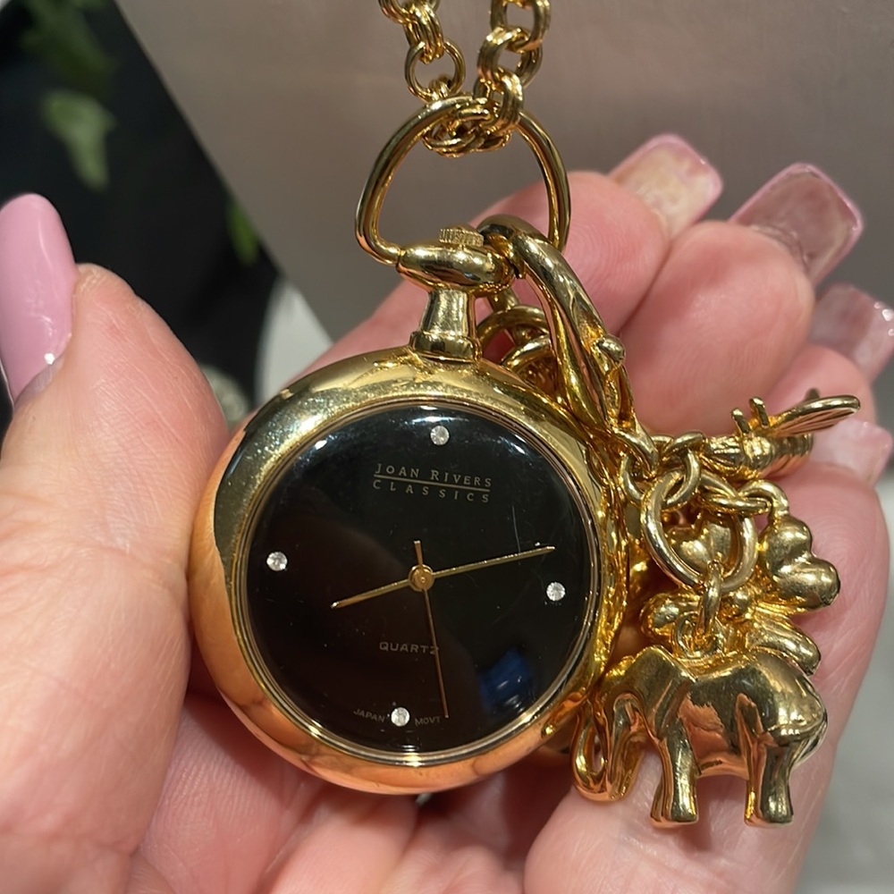 Vintage Joan Rivers Goldtone pendant watch necklace with 5 charms